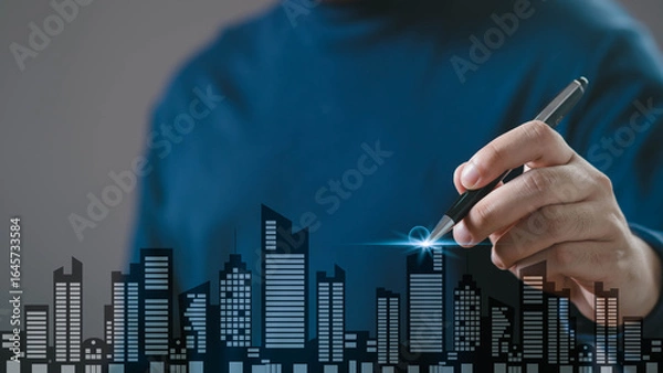 Fototapeta A person draws a city skyline with a pen, highlighting the buildings in a modern and creative design.