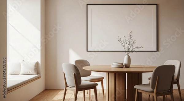 Fototapeta Bright dining room interior with table, chairs, frame and decoration