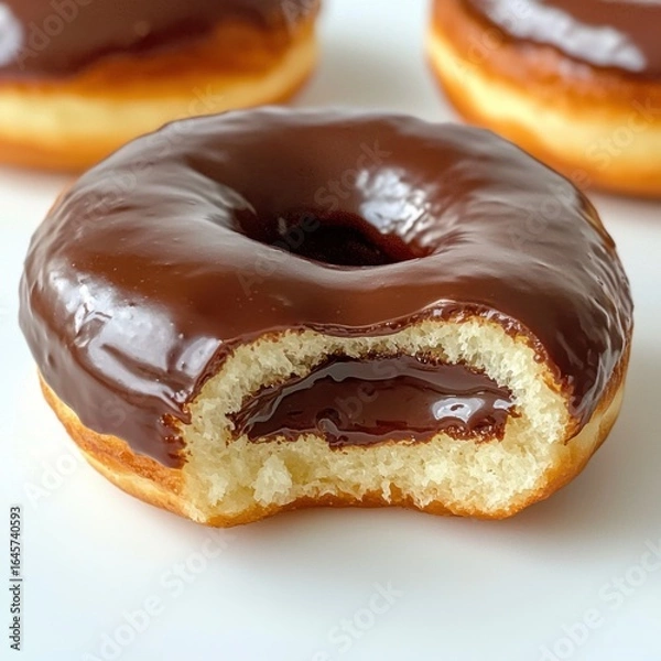 Obraz Chocolate creme filled donut with chocolate frosting, bitten and resting on a white surface with two more donuts in the background