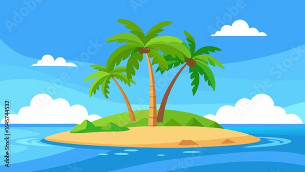 Fototapeta Tropical Island with Palm Trees and Calm Ocean Under a Sunny Blue Sky