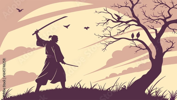 Fototapeta Silhouette of a Samurai Warrior with Katana Swords in a Natural Setting.