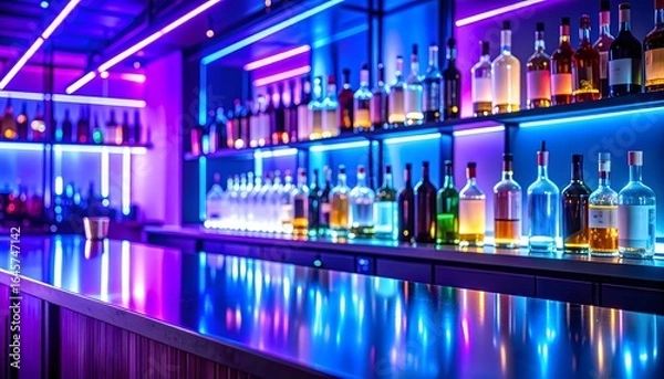 Fototapeta A stylish bar interior with a glowing display of liquor bottles, bathed in the futuristic purple and blue neon ambiance of a modern nightclub.