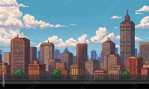 Obraz 8-bit pixel art game level background. silhouette city skyline. side scrolling game. blue sky. simple game map template. 2D retro video game style. pixelated vector graphics.
