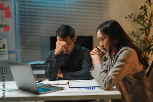 Fototapeta Stressed business team working late reviewing financial reports in office meeting