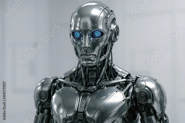 Fototapeta A close-up of a futuristic silver robot with piercing blue eyes. Artificial intelligence merges with advanced robotic design.