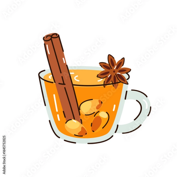 Fototapeta Tea with sea buckthorn, cinnamon. Autumn drink with berries. Vector illustration.
