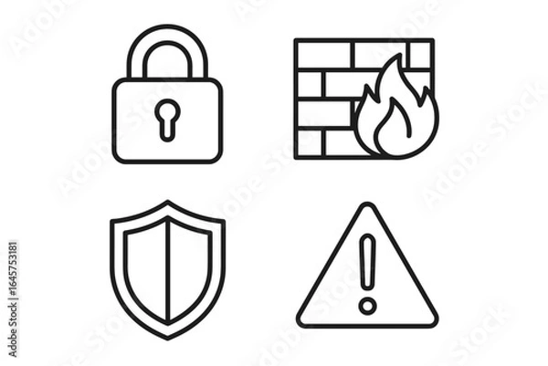 Fototapeta Cyber Security Line Icons – Lock, Firewall, Shield, Warning