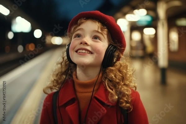Fototapeta child with headphones standing on a platform at the station