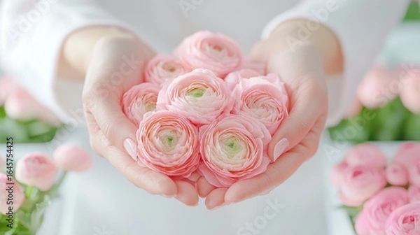 Obraz Florist handling freshly cut pink ranunculus, displaying delicate flower petals within bright floral shop interior lined with additional blossoming plants