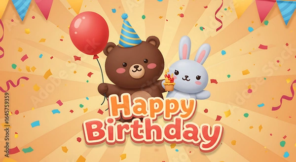 Fototapeta Colorful Birthday Greeting Card Featuring a Bear and Bunny with Confetti and Balloons