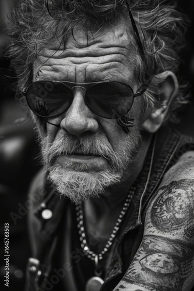 Fototapeta old punk man with sunglasses and tattoos