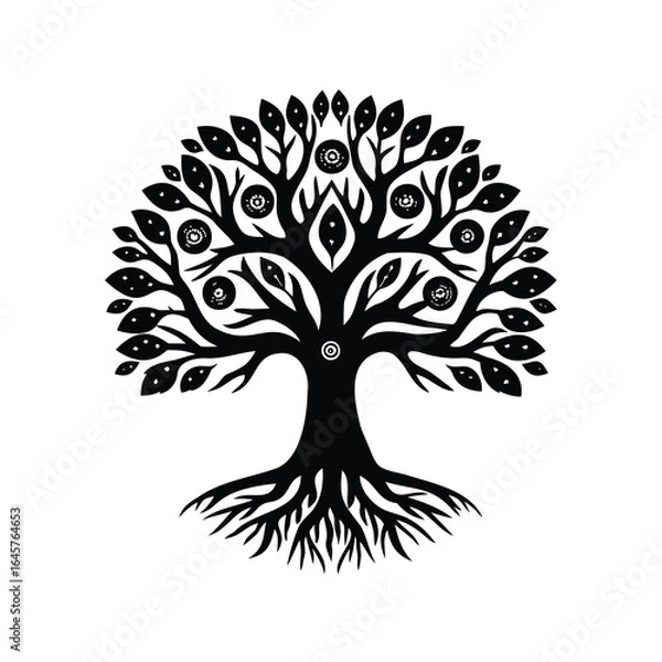 Fototapeta A stylized black tree with circular decorative elements and exposed roots isolated
