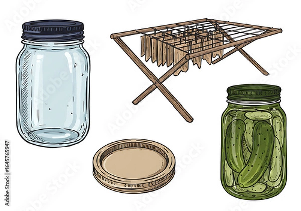 Obraz Mason Jars, Pickles, and Drying Rack: Hand-Drawn Illustration