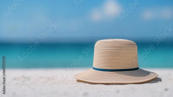 Obraz A stylish straw hat resting on sandy beach, with turquoise water and blue sky in the background, evoking a relaxed summer vibe.