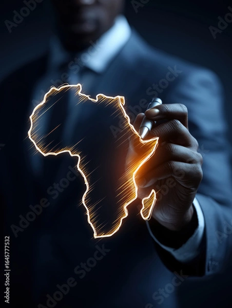 Fototapeta African American man in a suit holding a pen and drawing a glowing outline map of Africa on a dark background. Concept of digital technology for international business or global trade. 