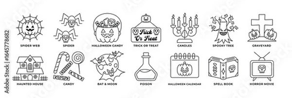 Obraz Halloween Icon Set – Outline Style with Spider Web, Candy, Haunted House, Graveyard, and More