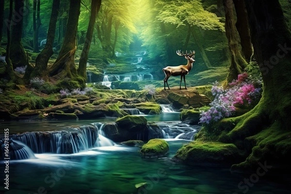 Fototapeta A tranquil landscape featuring a majestic deer by a clear stream. Evokes peace, natural beauty, and the importance of preserving our planet's wild spaces. Perfect for nature lovers.