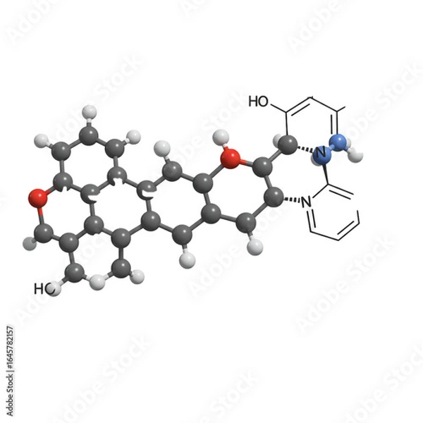 Fototapeta A precise three-dimensional ball-and-stick model of a complex organic chemical compound, illustrating the intricate atomic arrangement of carbon, oxygen, nitrogen, and hydrogen atoms.