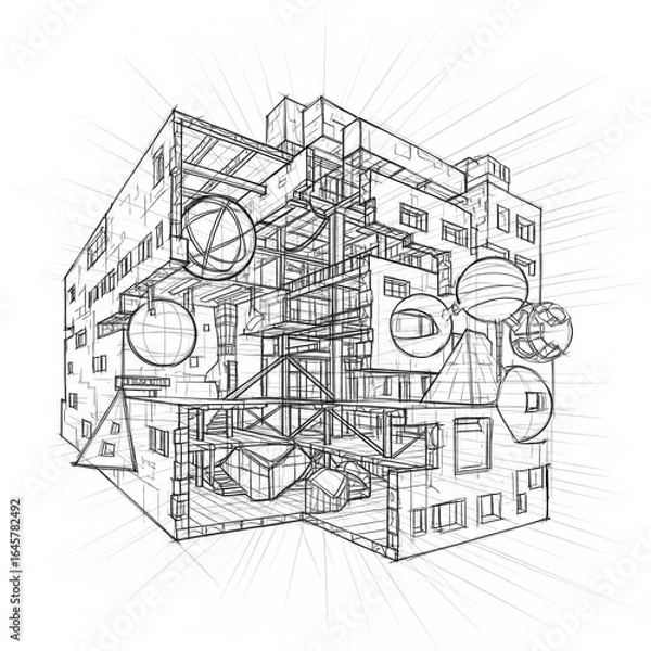 Fototapeta Detailed sketch of a house and building design