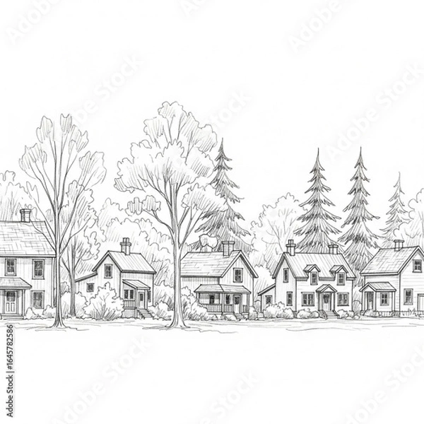 Fototapeta A charming vintage illustration of a winter village with a small old house and trees covered in snow
