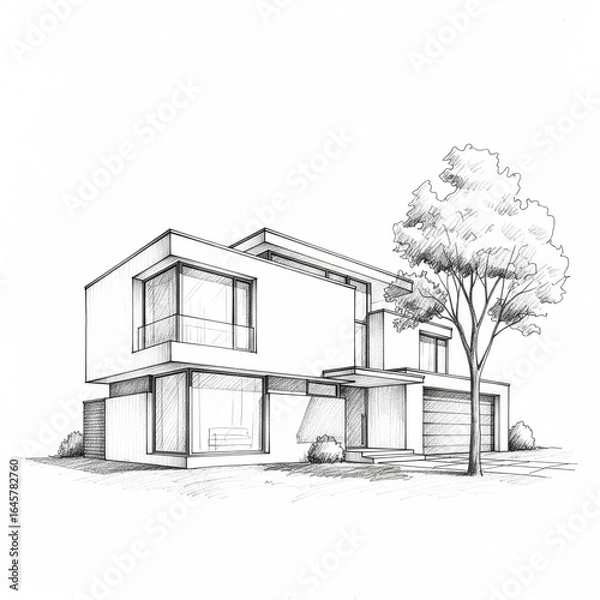 Fototapeta An elegant architectural sketch of a vintage house exterior with detailed windows and a roof design