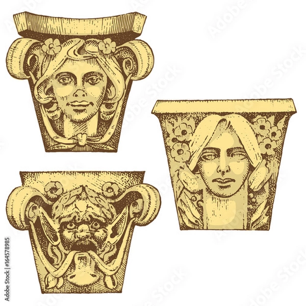 Fototapeta Detail ancient classic building. architectural ornamental elements. showing Tuscan, Doric, Ionic and Roman column. engraved hand drawn in old sketch, vintage and Antique, baroque or gothic style.