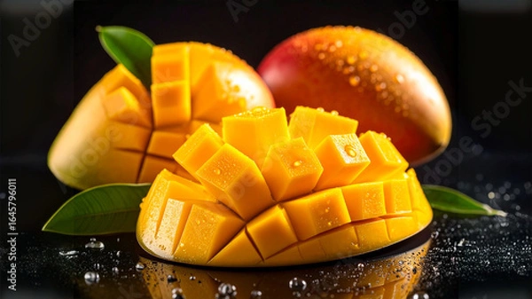 Fototapeta Whole and sliced Sapūrana mango on a white surface, highlighting its deep golden color.