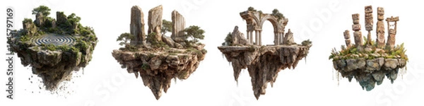 Fototapeta Floating islands with ancient ruins spiral patterns and lush greenery on transparent background