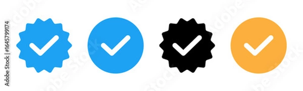 Fototapeta Blue tick verified social media account icons. approved profile sign. black, gold and blue tick in circles and rounded corner star. vector illustration on transparent png background.