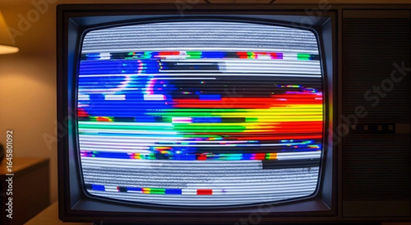 Fototapeta Retro tv with distorted color bars on screen