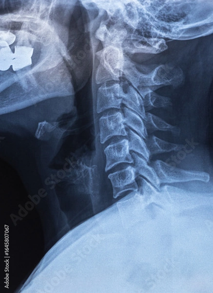 Fototapeta Vertical X-ray with cervical lordosis. P-signs of osteochondrosis of the cervical spine. Spondylosis, spondyloarthrosis. Examination of the cervical spine diseases.