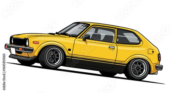 Fototapeta Yellow Vintage Compact Car Pixel Art Illustration