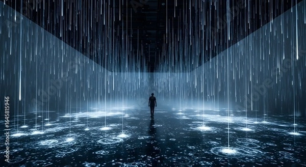 Obraz A Solitary Figure in an Immersive Universe of Cascading Digital Rain and Luminous Ripples.