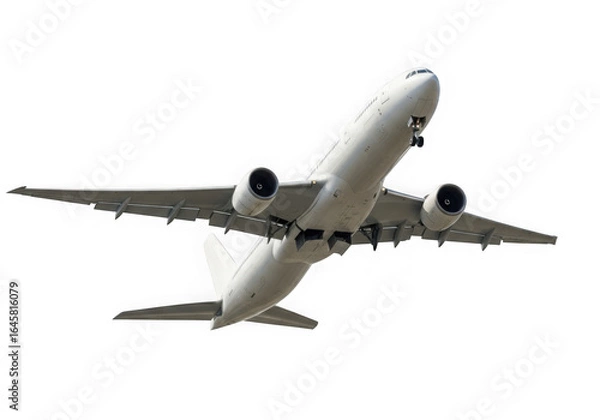 Fototapeta White passenger jet airplane ascending isolated on transparent background