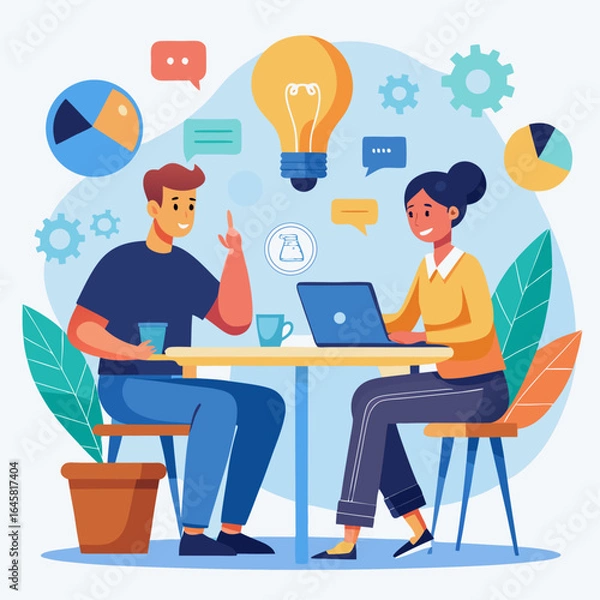 Fototapeta A man and a woman are sitting at a table in a room. The man is using a laptop while the woman is talking to him. The room has a modern and professional vibe, with a clock on the wall