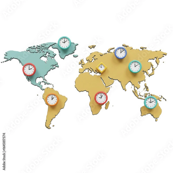 Fototapeta A vibrant three-dimensional rendering of a world map featuring multiple colorful clocks strategically placed across continents, symbolizing global time zones and international connectivity.