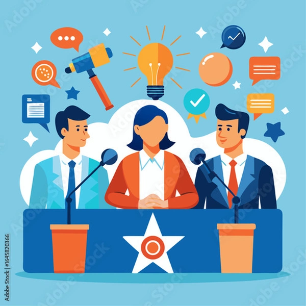 Obraz A group of people are sitting around a table with microphones and laptops. They are all smiling and seem to be having a good time. Concept of camaraderie and teamwork