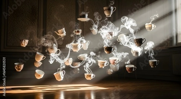 Obraz A Surreal Tea Party: Levitating Cups Dance in Sunbeams and Swirling Steam