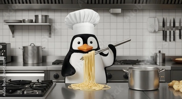 Obraz Charming Penguin Chef in a Toque Hat Lifts Spaghetti in a Professional Stainless Steel Kitchen