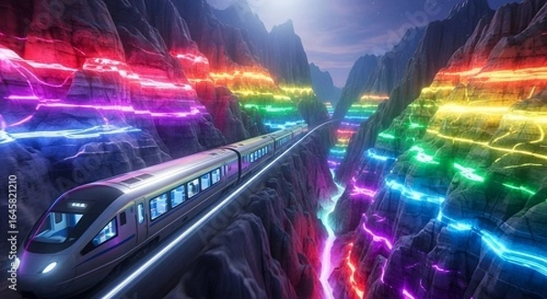 Obraz Chromatic Gorge Express: A High-Speed Train Amidst Glowing Rainbow Strata
