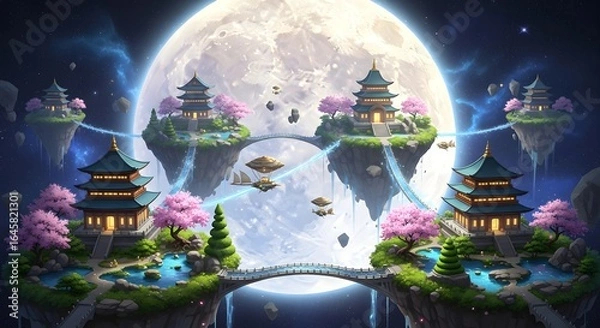Obraz Celestial Sanctuaries: Floating Pagodas and Sakura Before a Luminous Moon