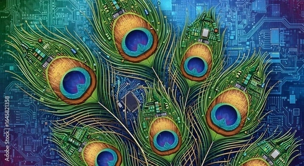 Obraz Cybernetic Plumage: Peacock Feathers Merging with a Glowing Circuit Board