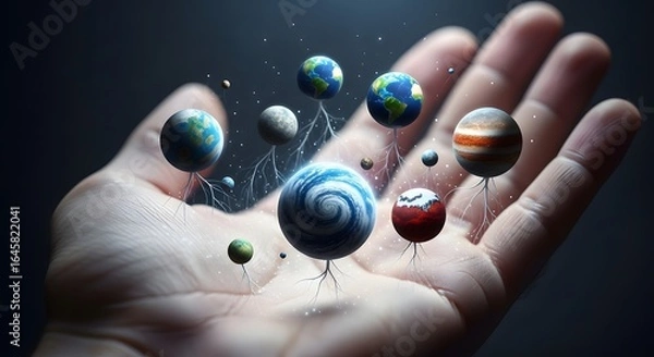 Obraz Cosmic Genesis: A Divine Hand Cultivating a Multiverse of Miniature Rooted Worlds.