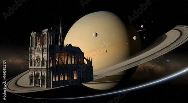 Obraz Celestial Notre Dame: A Gothic Cathedral Adrift by Saturn's Rings