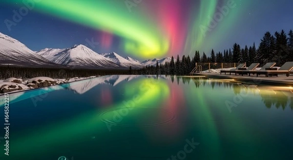 Obraz Serene Infinity Pool Reflects Vibrant Aurora Borealis Over Snow-Capped Mountains and Pine Forest