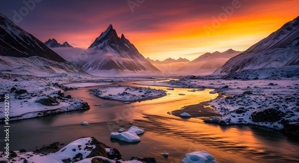 Obraz Vibrant Sunset Ignites a Jagged Peak and Winding Icy River