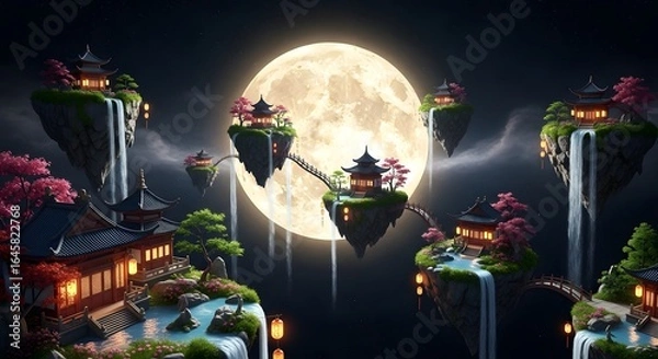 Obraz Celestial Archipelago: Floating Pagodas and Waterfalls Beneath a Luminous Full Moon