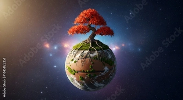 Obraz Cosmic Bonsai: A Vibrant Red Maple Tree Flourishes on a Miniature Earth-like Planet Against a Starry Galaxy Backdrop