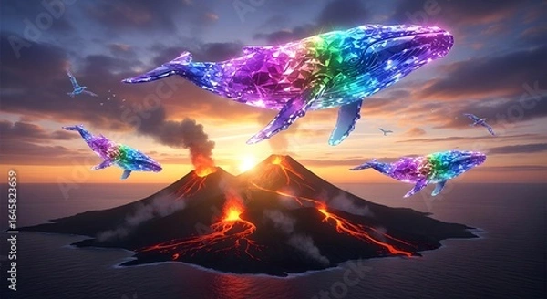Obraz Ethereal Rainbow Whales Soar Above Volcanic Eruption, Sunset Spectacle