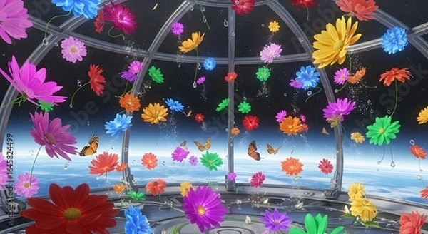 Obraz Colorful Flowers Floating in Space Dome with Butterflies, Surreal Dreamscape.